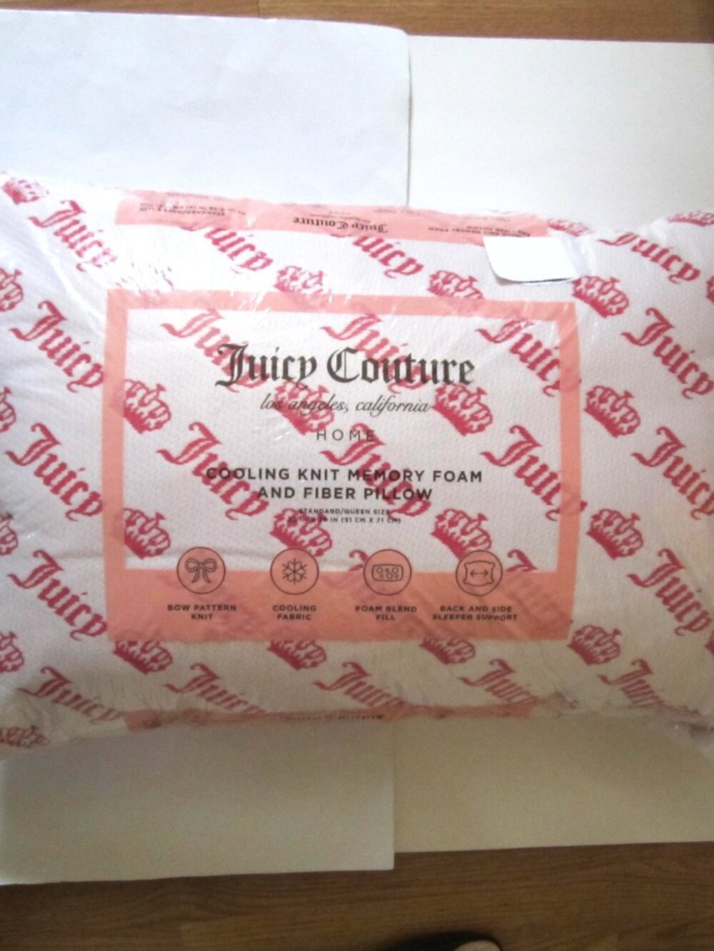 Juicy Couture Cooling Kit Memory Foam and Fiber Pillow Pink Crown Home NEW